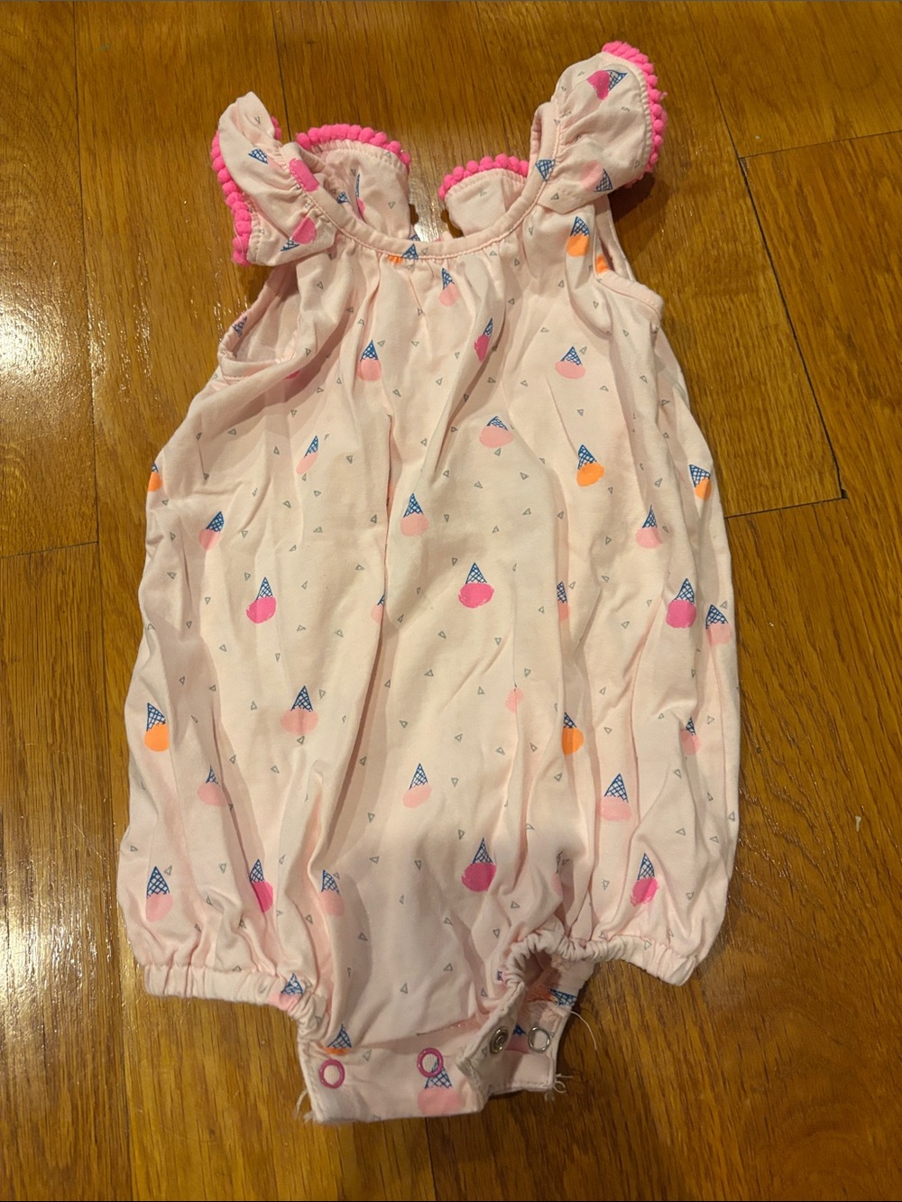 Pastel Pink Ice Cream Print Baby Bodysuit with Ruffle Straps
